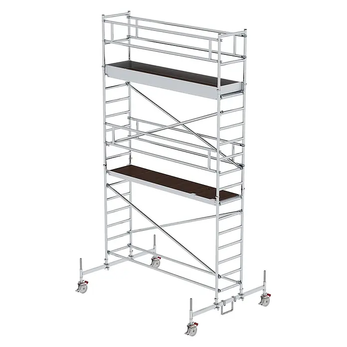 Munk Rollgerüst Rollgerüst mit Fahrbalken 0,75x3,00m Plattform 6,45m AH - Arbeitshöhe: 6.450 m - Mobiles Aluminium-Rollgerüst mit dunkelbraunen Plattformen und Feststellrollen.