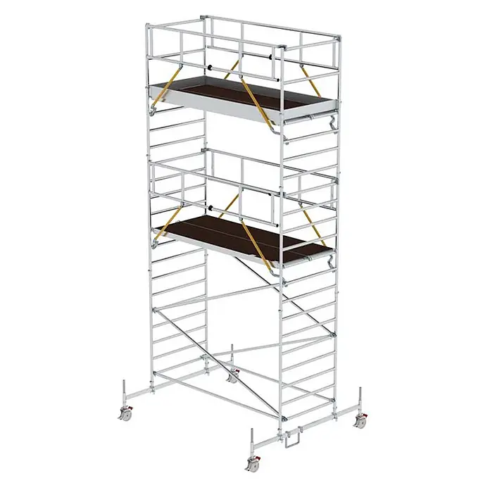 Munk Rollgerüst Rollgerüst SG mit Doppelplattform 1,35x3,00m Plattform 7,78m AH - Arbeitshöhe: 7.780 m - Mobiles Aluminium-Rollgerüst mit zwei dunklen Plattformen, Sicherheitsgeländern und Rollen.