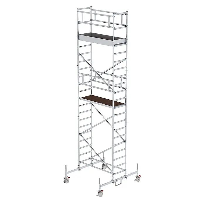 Munk Rollgerüst Rollgerüst mit Fahrbalken 0,75x1,80m Plattform 7,45m AH - Arbeitshöhe: 7.450 m - Mobiles Rollgerüst aus silbernem Metall mit zwei dunklen Holzplattformen und feststellbaren Lenkrollen für sicheres, mobiles Arbeiten in der Höhe.