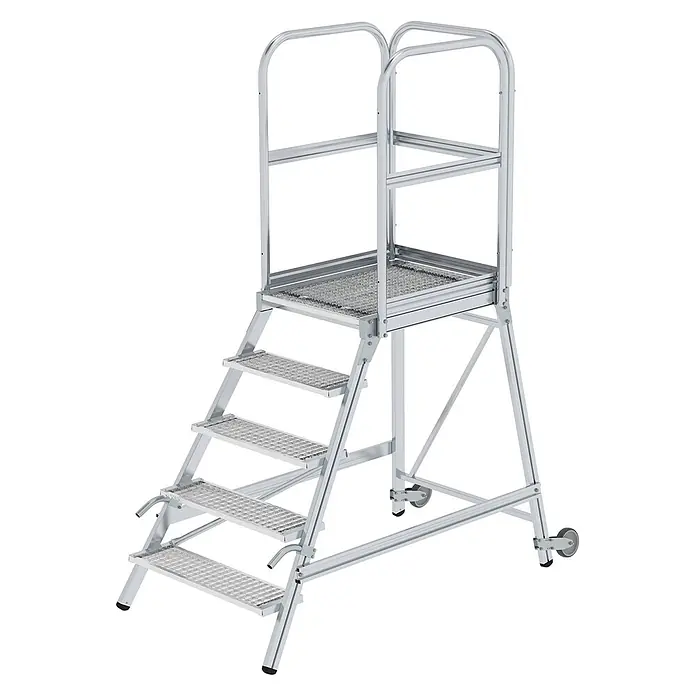 Munk Treppenpodest Podestleiter mit Rollen und Griff Stahl-Gitterrost 5 Stufen - Anzahl Tritte: 5 Stk., Arbeitshöhe: 3.200 m, Aluminium - Mobile Arbeitsplattform aus silbernem Aluminium mit vier Stufen, großer Plattform, Sicherheitsgeländer und Rollen.