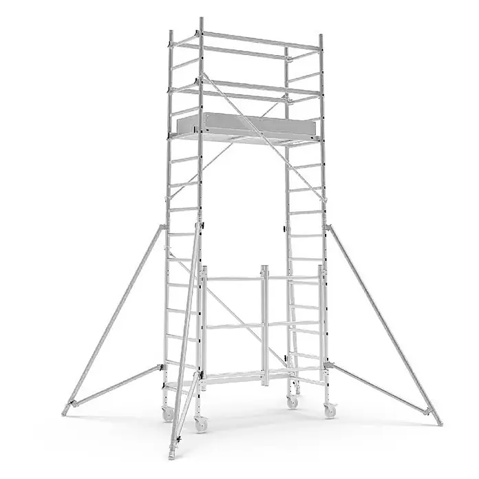 Werner Rollgerüst Tower Klappgerüst 5,00m AH - Arbeitshöhe: 4.900 m - Silberfarbenes Rollgerüst mit mehreren Ebenen, Arbeitsplattform, Rollen und Auslegern für Stabilität.