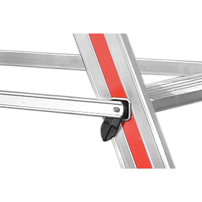 Hymer Podestleiter Plattformleiter mit langem Handlauf 10 Stufen - Anzahl Tritte: 10 Stk., Arbeitshöhe: 4.340 m, Aluminium - Silberne Leiterschiene mit rotem Streifen und angebrachtem Querriegel mit schwarzem Verriegelungsmechanismus.