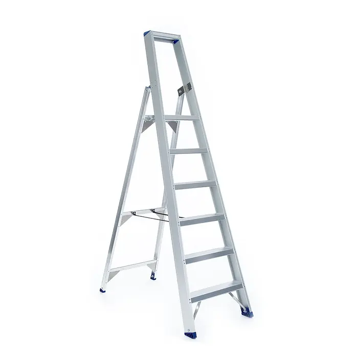 ASC Podestleiter Eurostairs Stufenstehleiter einseitig eloxiert mit Plattform 6 Stufen - Anzahl Tritte: 6 Stk., Arbeitshöhe: 3.300 m, Aluminium - Silberne Aluminium-Klappleiter mit blauen Sicherheitskappen.