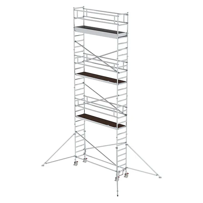 Munk Rollgerüst Aluminium-Rollgerüst mit Ausleger 3,00x0,75m Plattform 9,55m AH - Arbeitshöhe: 9.350 m - Silberfarbenes Aluminium-Rollgerüst mit mehreren braunen Arbeitsplattformen, Rollen und Auslegern für Stabilität.