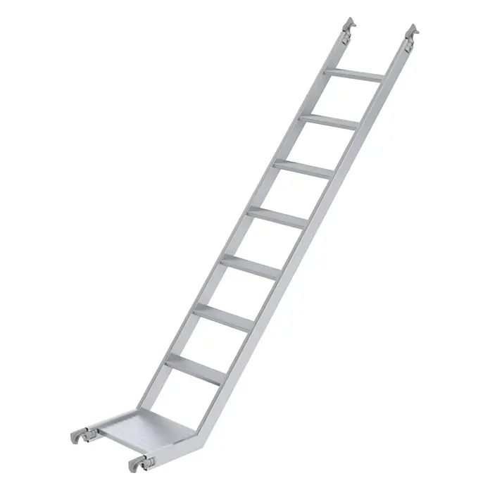 Munk Rollgerüst Schrägaufstieg unten 1,80m Gerüstlänge -  - Silberne Aluminium-Einstiegsleiter mit breiter unterer Stufe und Haken oben.