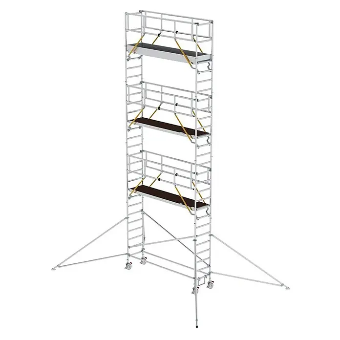 MUNK Rollgerüst SG mit Ausleger 0,75x3,00m Plattform 9,55m AH -  - Mobiles Aluminium-Rollgerüst mit mehreren dunklen Plattformen, Rollen und Auslegern zur Stabilisierung.
