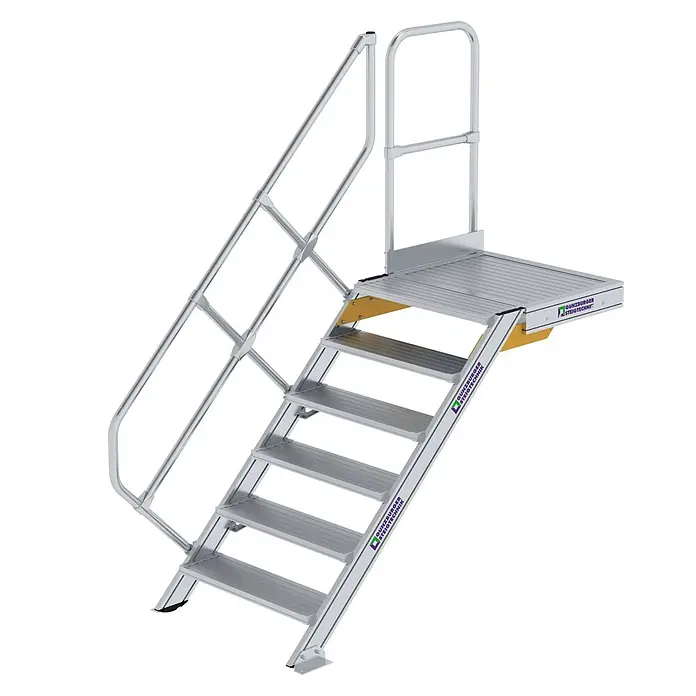 Munk Außentreppe Treppe mit Plattform 45° inkl. einen Handlauf, 800mm Stufenbreite, 6 Stufe - Anzahl Steigungen: 6 Stk. - Industrielle Aluminium-Zugangstreppe mit fünf Stufen, einer Plattform und Geländern für sicheren Aufstieg.