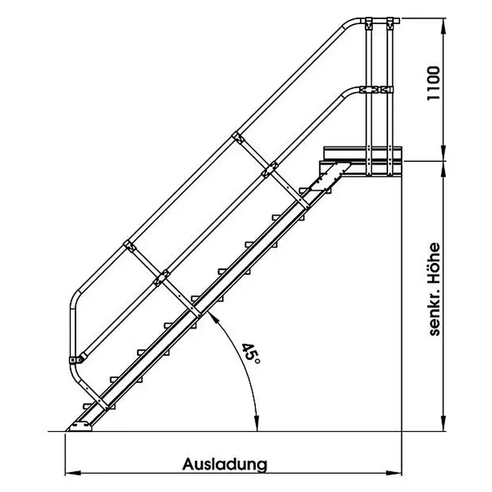 Munk Außentreppe Treppe mit Plattform 45° inkl. einen Handlauf, 800mm Stufenbreite, 4 Stufe - 117,6 cm - Technische Zeichnung einer Zugangstreppe mit Geländer, zeigt Höhe, Ausladung und einen 45°-Winkel.