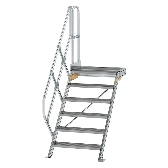 Munk Außentreppe Treppe mit Plattform 45° inkl. einen Handlauf, 800mm Stufenbreite, 6 Stufe - Anzahl Steigungen: 6 Stk. - Silbergraue Aluminium-Zugangstreppe mit Handlauf und Podest.