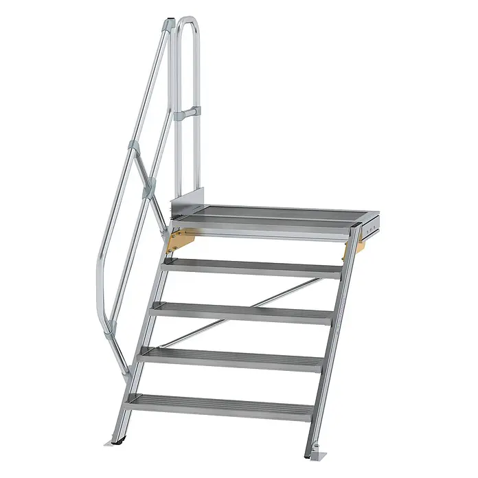 Munk Außentreppe Treppe mit Plattform 45° inkl. einen Handlauf, 1000mm Stufenbreite, 5 Stuf - Anzahl Steigungen: 5 Stk. - Modulare Aluminium-Zugangstreppe mit Podest und Handläufen für sicheren, erhöhten Zugang.