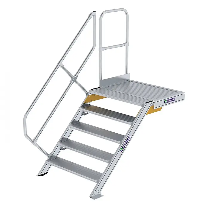 Munk Außentreppe Treppe mit Plattform 45° inkl. einen Handlauf, 1000mm Stufenbreite, 5 Stuf - Anzahl Steigungen: 5 Stk. - Silberfarbene Aluminium-Treppeneinheit mit Podest und Handläufen für sicheren Zugang.