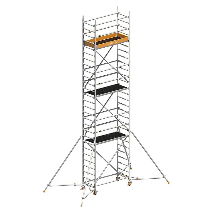 Layher Rollgerüst Rollgerüst Uni Leicht mit Sicherheitsaufbau P2 und Uni Telegeländer sowie - Arbeitshöhe: 8.100 m - Silberner, mobiler Aluminium-Gerüstturm mit schwarzen Plattformen, einer orangefarbenen Ablage, Stützstreben und Rollen.