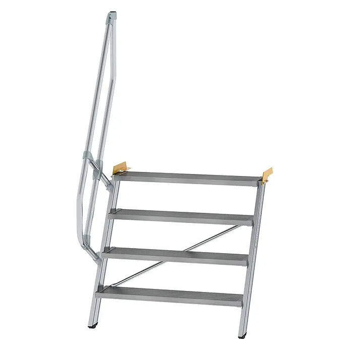 Munk Außentreppe Treppe 60° inkl. einen Handlauf, 1000mm Stufenbreite, 4 Stufen - Anzahl Steigungen: 4 Stk. - Silbergraue Aluminium-Zugangstreppe mit 5 Stufen, Handlauf und gelben Halterungen.