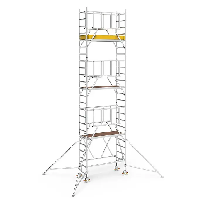 Iller Leiter Rollgerüst Klappgerüste mit Sicherheitsaufbau 0,75x1,80m | 7,65 m AH - Arbeitshöhe: 7.650 m - Mobiles Gerüst aus silbernem Aluminium mit mehreren Plattformen, braunen Holzdecks und gelben Geländern oben, mit Rollen und Auslegern.