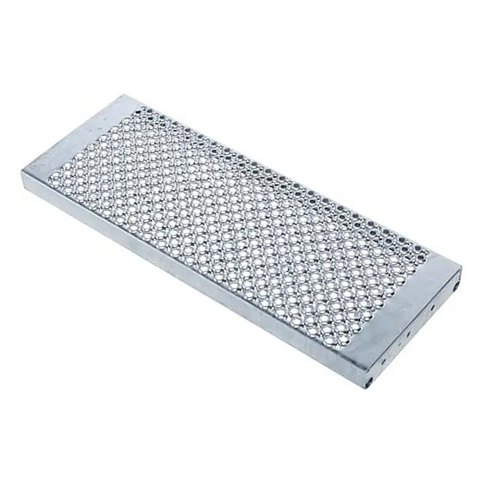Zarges Klapptritt Treppenpodest 45° 1000mm Stufenbreite 2 Stufen - Anzahl Tritte: 2 Stk., Arbeitshöhe: 2.400 m, Aluminium - Rechteckige silberne Trittstufe aus verzinktem Stahl mit perforierter Oberfläche.