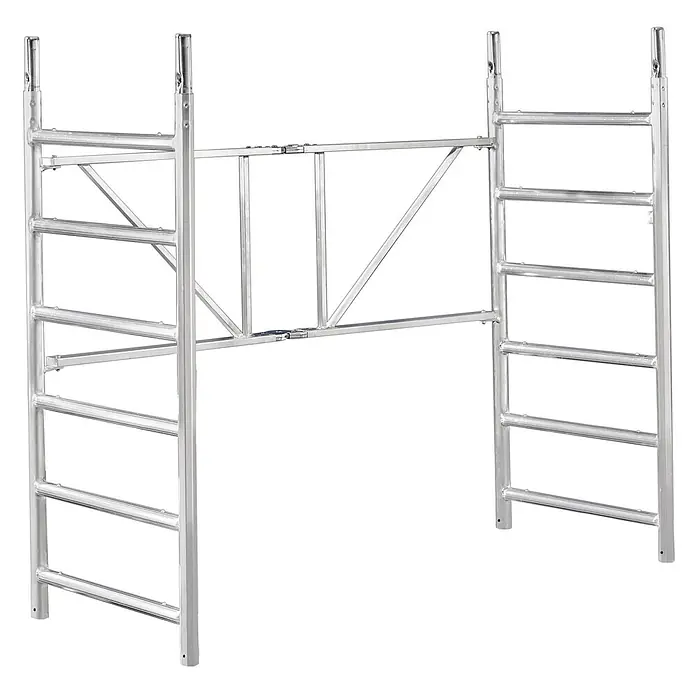 Hymer Rollgerüst Klapprahmen mit Rahmenteilen 0,8x1,8x1,65m -  - Silberner Aluminium-Gerüstrahmen mit zwei leiterähnlichen Stützen und diagonalen Querstreben.