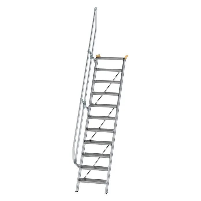 Munk Außentreppe Treppe 60° inkl. einen Handlauf, 600mm Stufenbreite, 11 Stufen - Anzahl Steigungen: 11 Stk. - Aluminium-Treppenleiter mit 11 Stufen und einseitigem Handlauf für sicheren erhöhten Zugang.