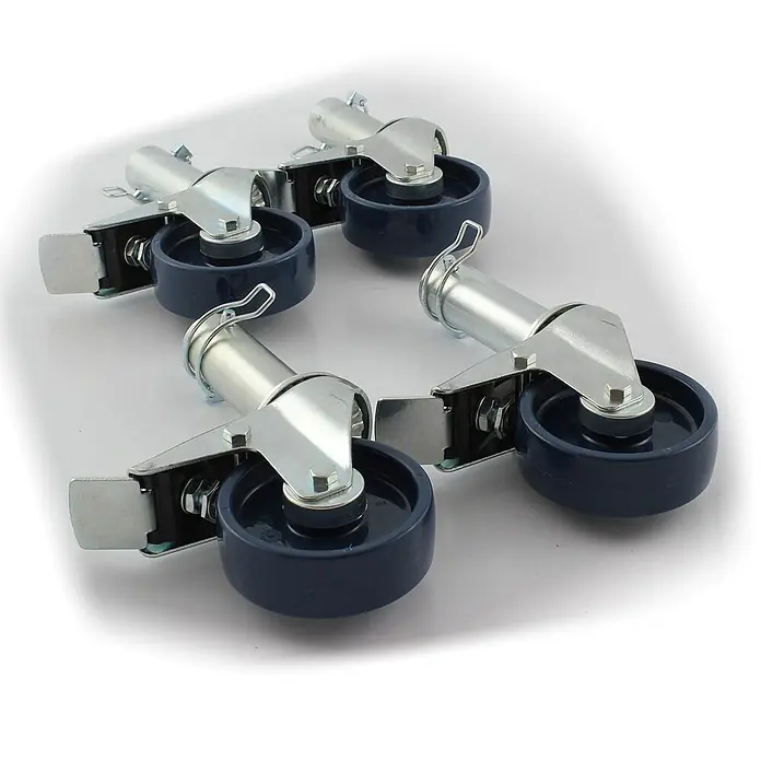 Altrex Rollgerüst Satz Räder 4 Stk. für RS TOWER 34 -  - Set aus vier dunkelblauen Industrie-Lenkrollen mit silbernem Metallgehäuse und einzelnen Bremshebeln.