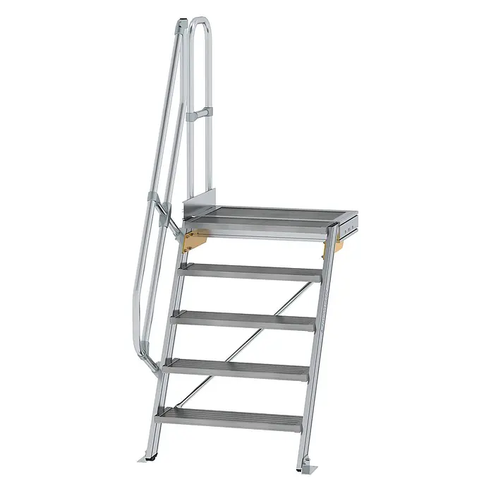Munk Außentreppe Treppe mit Plattform 60° inkl. einen Handlauf, 800mm Stufenbreite, 5 Stufe - Anzahl Steigungen: 5 Stk. - Graue Aluminium-Zugangstreppe mit Podest und Handläufen.