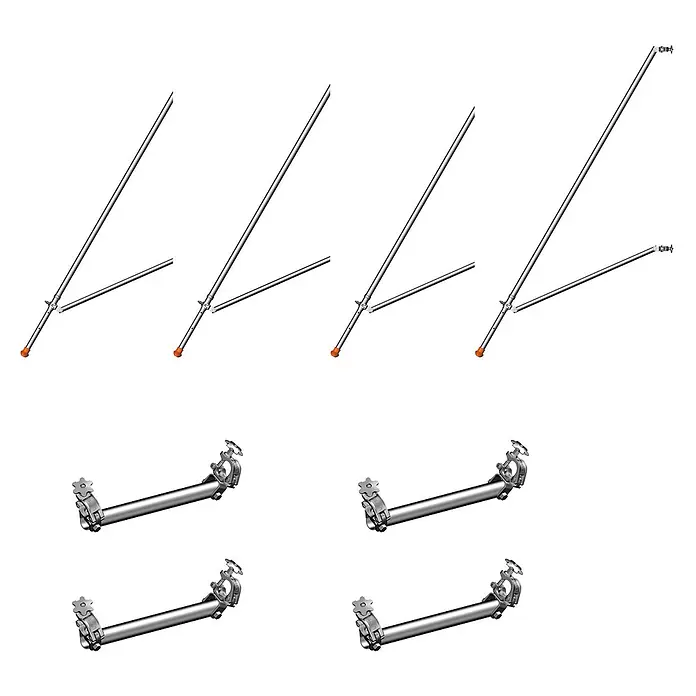 Layher Rollgerüst Fahrgerüst Gerüststützen-Kit -  - Vier silberne, verstellbare Metall-Stützstangen mit orangen Fußkappen und vier silberne Metall-Verlängerungsstangen mit Sterngriffklemmen.