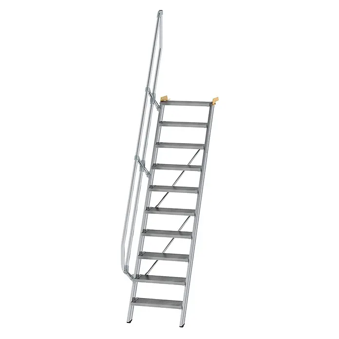 Munk Außentreppe Treppe 60° inkl. einen Handlauf, 600mm Stufenbreite, 10 Stufen - Anzahl Steigungen: 10 Stk. - Silberne Aluminium-Zugangsleiter mit breiten Stufen und schrägem Handlauf.
