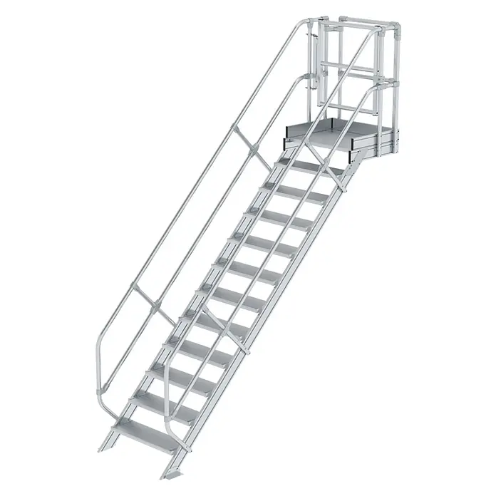 Munk Außentreppe Treppen-Modul 2500mm Plattformoberkante Aluminium geriffelt 12 Stufen - 85 cm, Anzahl Steigungen: 12 Stk. - Modulare hellgraue Aluminium-Zugangstreppe mit Geländern und oberer Plattform.