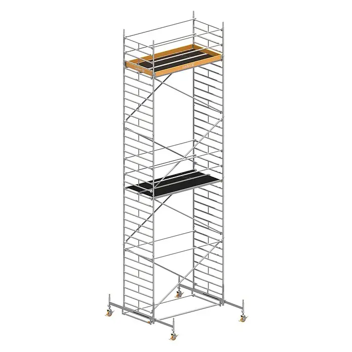 Layher Rollgerüst Rollgerüst Uni Breit 10,38m AH - Arbeitshöhe: 10.380 m - Hoher, silberner, fahrbarer Gerüstturm mit schwarzen und orangefarbenen Arbeitsbühnen und orangefarbenen Stabilisatorrädern.