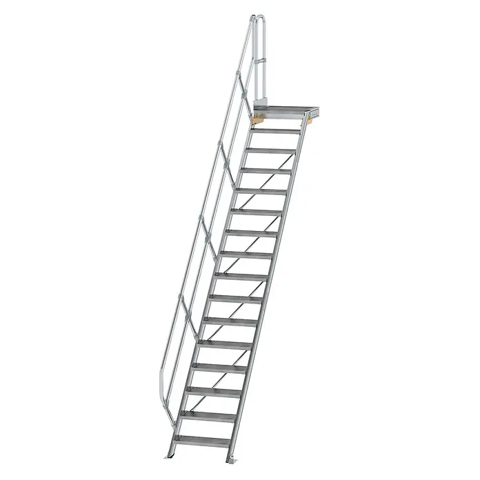 Munk Außentreppe Treppe mit Plattform 45° inkl. einen Handlauf, 600mm Stufenbreite, 16 Stuf -  - Silberfarbene Metallzugangstreppe mit Handlauf und oberer Plattform für den Industrie- oder Außenbereich.