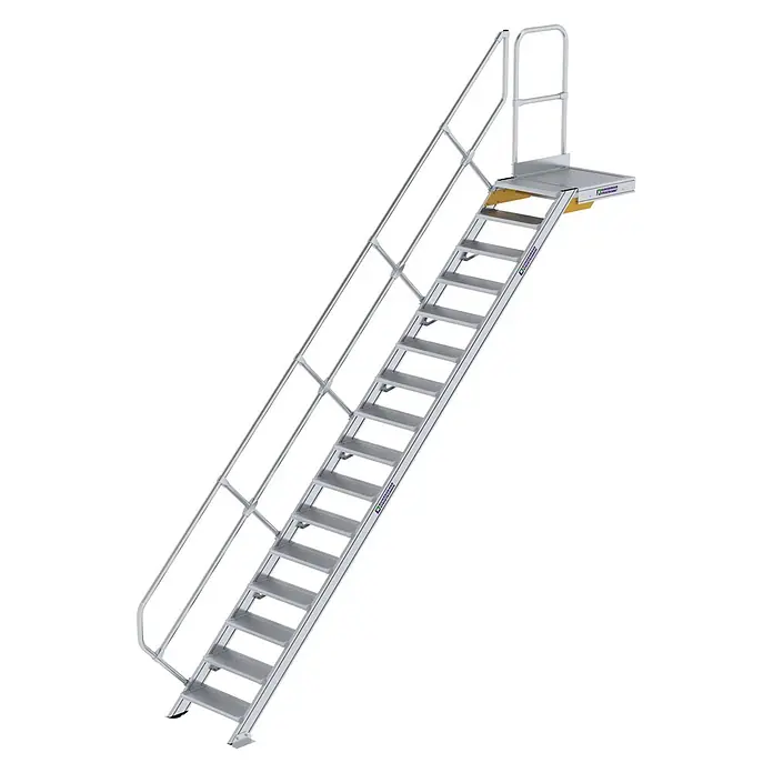 Munk Außentreppe Treppe mit Plattform 45° inkl. einen Handlauf, 600mm Stufenbreite, 16 Stuf -  - Silberne Aluminium-Zugangstreppe mit Handläufen und einer oberen Plattform.