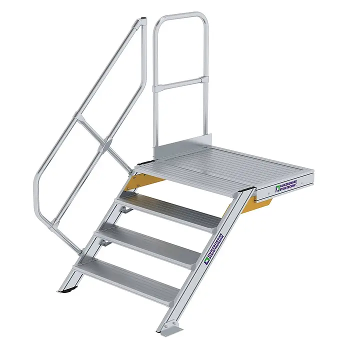 Munk Außentreppe Treppe mit Plattform 45° inkl. einen Handlauf, 1000mm Stufenbreite, 4 Stuf - Anzahl Steigungen: 4 Stk. - Silberne Aluminium-Arbeitsplattform mit vier Stufen und Handläufen für sicheren Zugang.