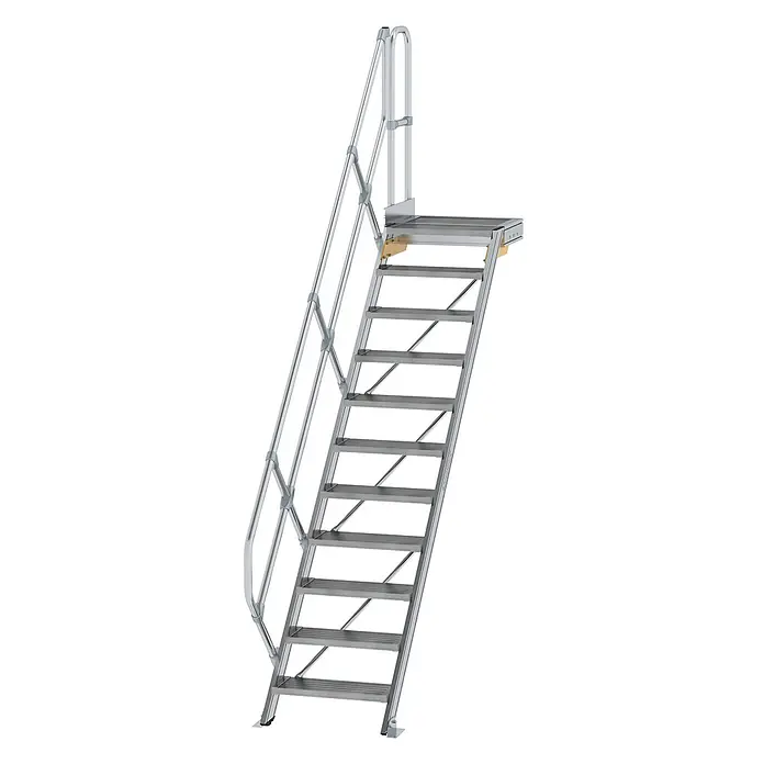 Munk Außentreppe Treppe mit Plattform 45° inkl. einen Handlauf, 600mm Stufenbreite, 11 Stuf - Anzahl Steigungen: 11 Stk. - Silberne Aluminium-Industrietreppe mit Geländern und oberer Plattform für sicheren Zugang.