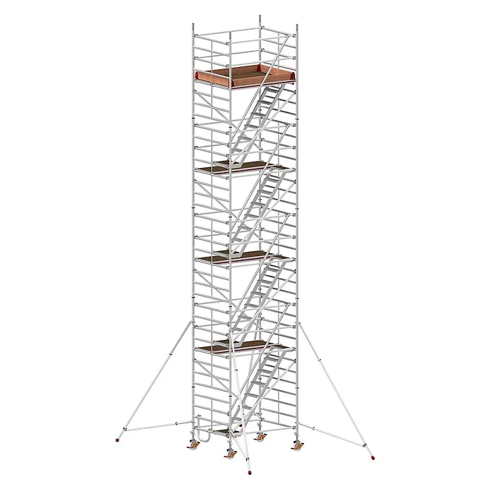Hymer Rollgerüst Treppen-Fahrgerüst 9,64m Gerüsthöhe - Arbeitshöhe: 10.400 m - Hohes, silbernes Aluminium-Gerüst mit Holzplattformen, integrierten Treppen, Rädern und Stabilisatoren.