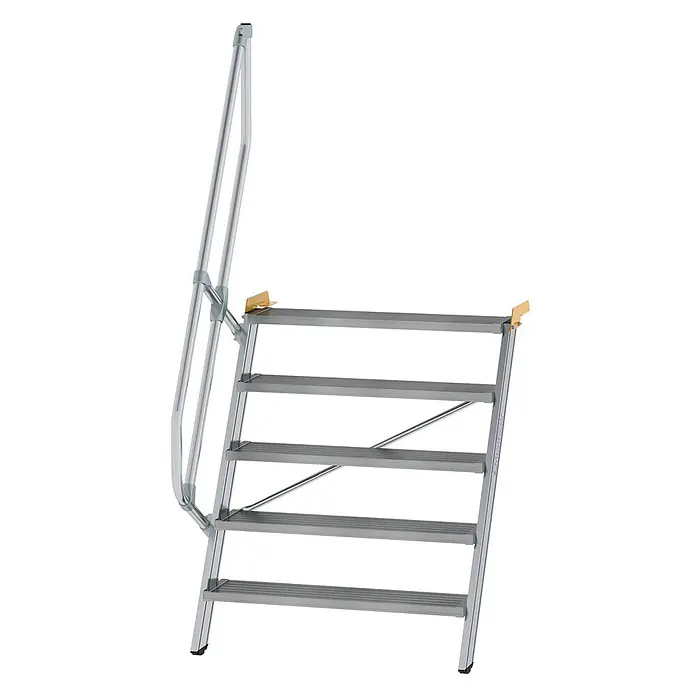 Munk Außentreppe Treppe 60° inkl. einen Handlauf, 1000mm Stufenbreite, 5 Stufen - Anzahl Steigungen: 5 Stk. - Tragbare 5-stufige Aluminium-Zugangstreppe mit silbernem Finish und integriertem Handlauf.