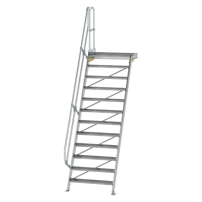 Munk Außentreppe Treppe mit Plattform 60° inkl. einen Handlauf, 1000mm Stufenbreite, 12 Stu - Anzahl Steigungen: 12 Stk. - Silbergraue Aluminium-Zugangsleiter mit Handlauf für erhöhte Plattformen oder industrielle Nutzung.