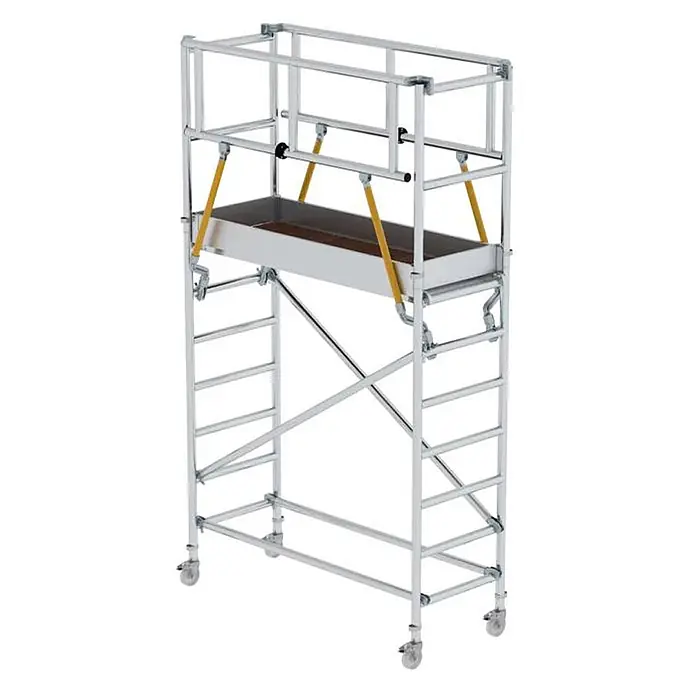 Munk Rollgerüst Aluminium Standard Rollgerüst SG mit 4,10m Arbeitshöhe - Arbeitshöhe: 4.100 m - Mobiles Aluminium-Rollgerüst mit Schutzgeländer, Arbeitsplattform und integriertem Trog.