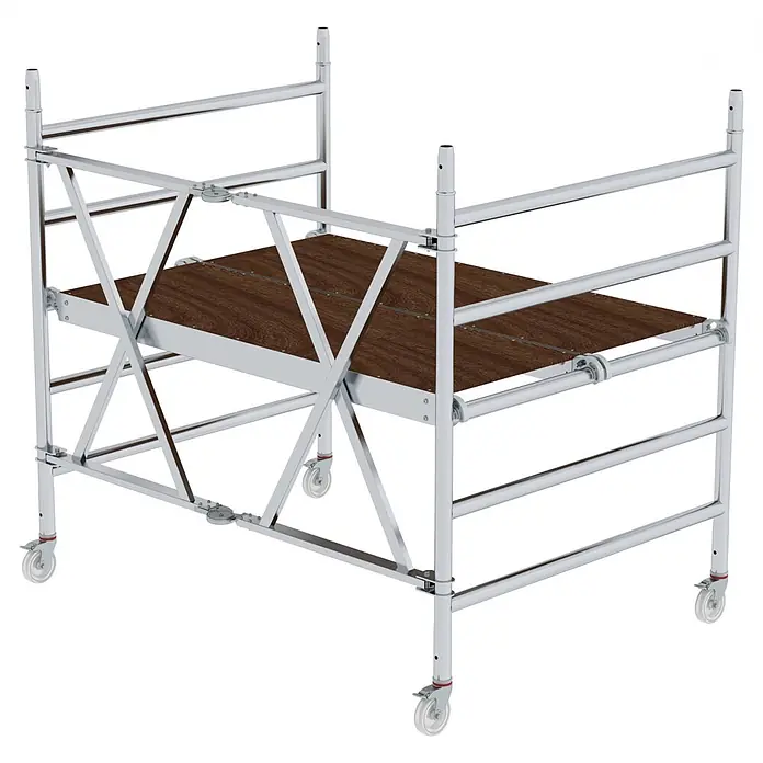 Munk Rollgerüst Klappgerüst, türengängig 135cm Breite 3,00m AH - Arbeitshöhe: 3.000 m - Mobiles Aluminium-Rollgerüst mit brauner Holzplattform und Lenkrollen.