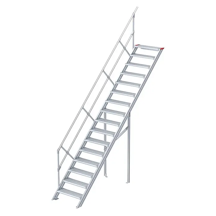 Euroline Außentreppe 510 Treppe 45° 800mm Stufenbreite 16 Stufen Alu gerieft - Anzahl Steigungen: 16 Stk. - Verstellbare silbergraue Metall-Zugangstreppe mit Handläufen.