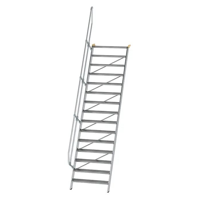 Munk Außentreppe Treppe 60° inkl. einen Handlauf, 1000mm Stufenbreite, 15 Stufen -  - Silberne Aluminium-Zugangsleiter mit mehreren Stufen und Handlauf.