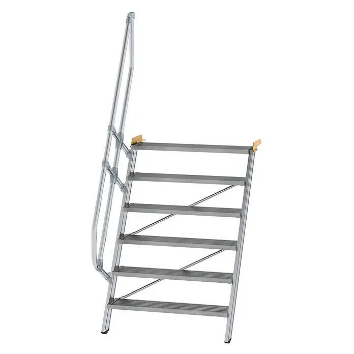 Munk Außentreppe Treppe 60° inkl. einen Handlauf, 1000mm Stufenbreite, 6 Stufen - Anzahl Steigungen: 6 Stk. - Silberne Aluminiumtreppe mit sechs rutschfesten Stufen und einem Handlauf links.