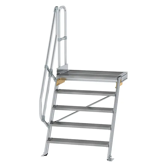 Munk Außentreppe Treppe mit Plattform 60° inkl. einen Handlauf, 1000mm Stufenbreite, 5 Stuf -  - Silberne Aluminium-Zugangstreppe mit vier Stufen, einer Plattform und einem Handlauf für sicheren erhöhten Zugang.