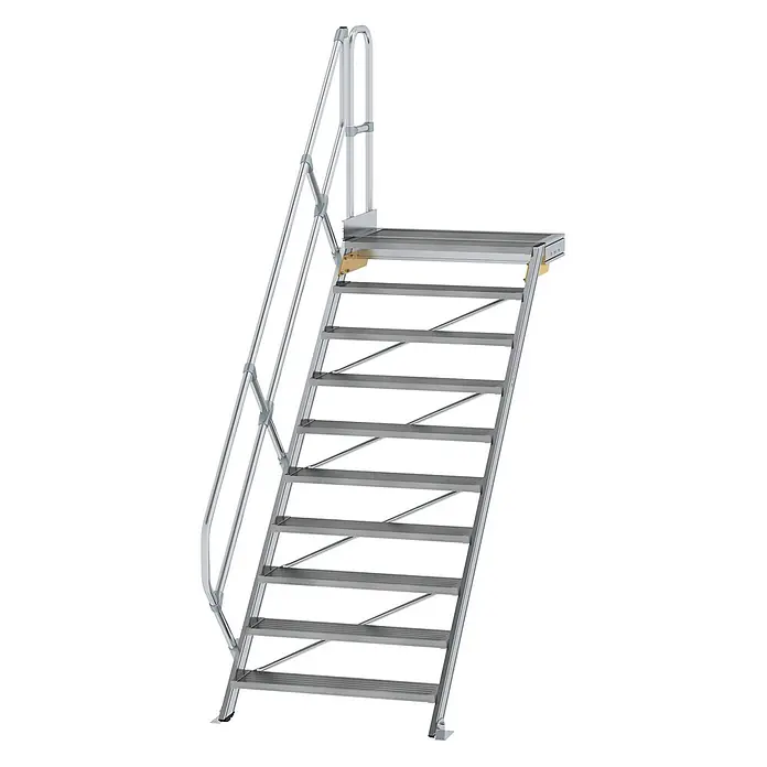 Munk Außentreppe Treppe mit Plattform 45° inkl. einen Handlauf, 1000mm Stufenbreite, 10 Stu -  - Modulare silber-graue Aluminium-Zugangstreppe mit Plattform und Handläufen.