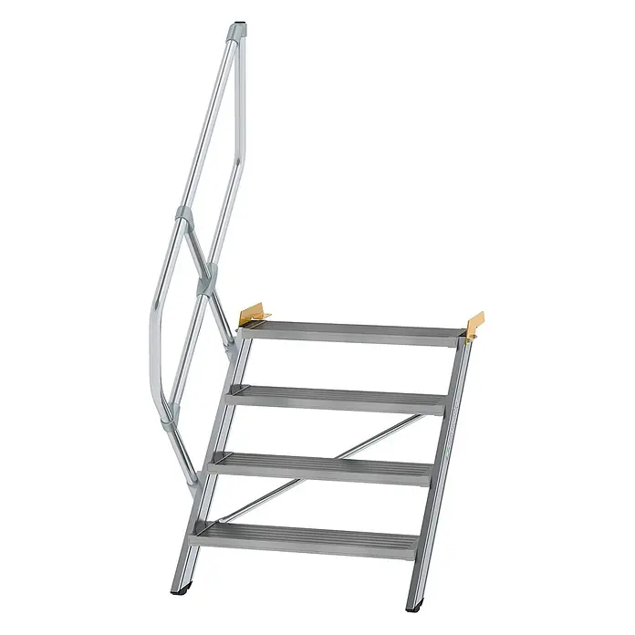 Munk Außentreppe Treppe 45° inkl. einen Handlauf, 800mm Stufenbreite, 4 Stufen - Anzahl Steigungen: 4 Stk. - Modulare 4-stufige Treppe aus silbernem Aluminium mit Handlauf.