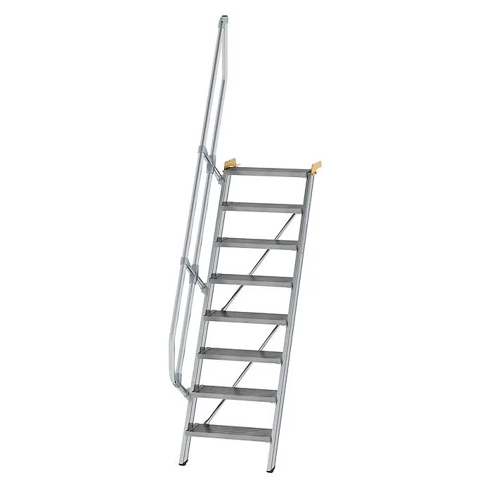 Munk Außentreppe Treppe 60° inkl. einen Handlauf, 600mm Stufenbreite, 8 Stufen -  - Silberne Aluminium-Zugangsleiter mit rutschfesten Stufen und einem Handlauf.