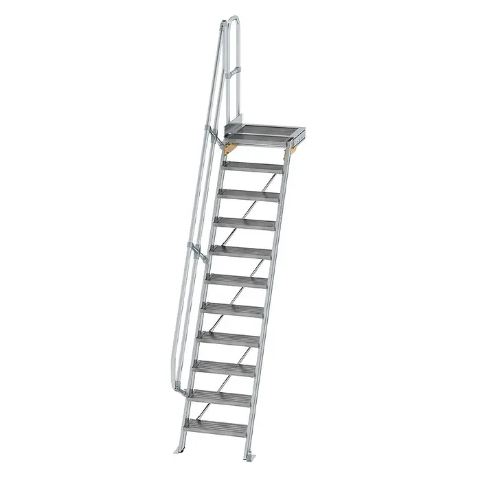 Munk Außentreppe Treppe mit Plattform 60° inkl. einen Handlauf, 600mm Stufenbreite, 11 Stuf - Anzahl Steigungen: 11 Stk. - Silberne Aluminium-Zugangsleiter mit rutschfesten Stufen, einer Plattform und einem Schutzgeländer.