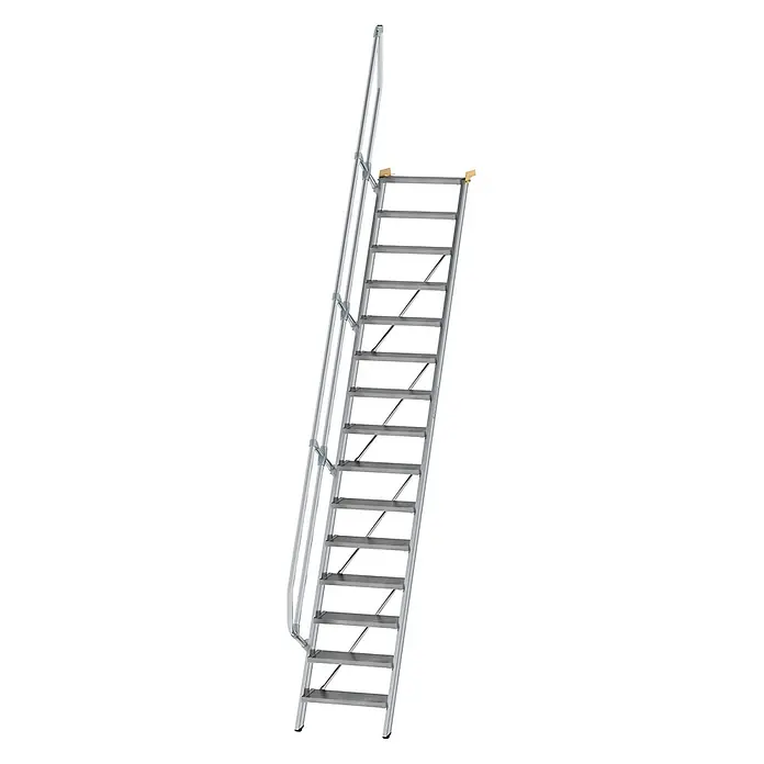 Munk Außentreppe Treppe 60° inkl. einen Handlauf, 600mm Stufenbreite, 15 Stufen - Anzahl Steigungen: 15 Stk. - Silberne Metall-Zugangsleiter mit breiten Stufen und Sicherheitsgeländer.