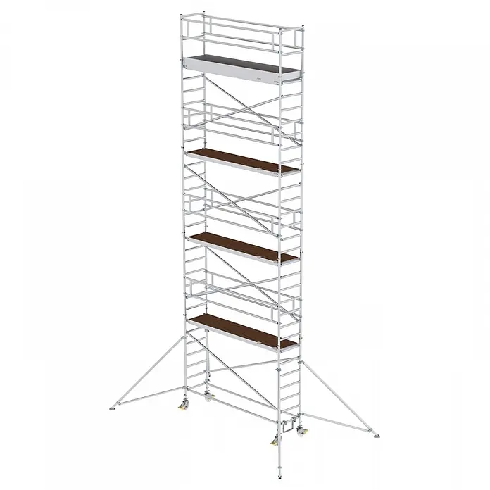 Munk Rollgerüst Aluminium-Rollgerüst mit Ausleger 3,00x0,75m Plattform 10,39m AH - Arbeitshöhe: 10.350 m - Ein hoher, silberfarbener Rollgerüstturm mit braunen Holzplattformen und Auslegern für Stabilität.