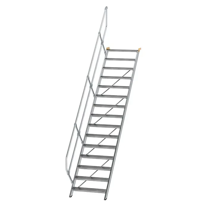 Munk Außentreppe Treppe 45° inkl. einen Handlauf, 800mm Stufenbreite, 15 Stufen -  - Mobile Industrialtreppe aus silbernem Aluminium mit Sicherheitsgeländer.