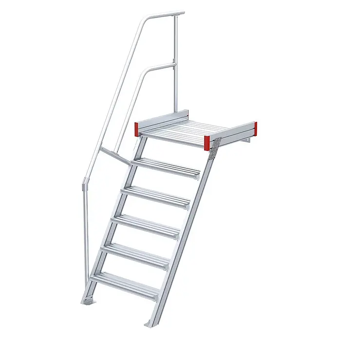 Euroline Außentreppe 511 Podesttreppe 60° 1000mm Stufenbreite 5 Stufen Alu gerieft -  - Modulare Aluminium-Zugangstreppe in Silber mit Plattform und Geländer.