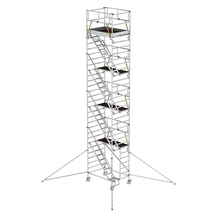 Munk Rollgerüst Rollgerüst SG mit Schrägaufstiegen 1,35x1,80m und Ausleger 10,39m AH - Arbeitshöhe: 10.390 m - Hohes, modulares Aluminium-Rollgerüst mit innenliegenden Leitern, Plattformen, Rollen und Auslegern für mobilen, stabilen Zugang.