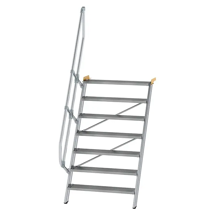 Munk Außentreppe Treppe 60° inkl. einen Handlauf, 1000mm Stufenbreite, 7 Stufen - Anzahl Steigungen: 7 Stk. - Silberne modulare Aluminiumtreppe mit rutschfesten Stufen und integriertem Handlauf für sicheren Zugang.